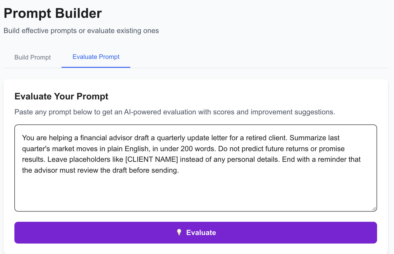 Prompt Builder evaluating a client-letter prompt